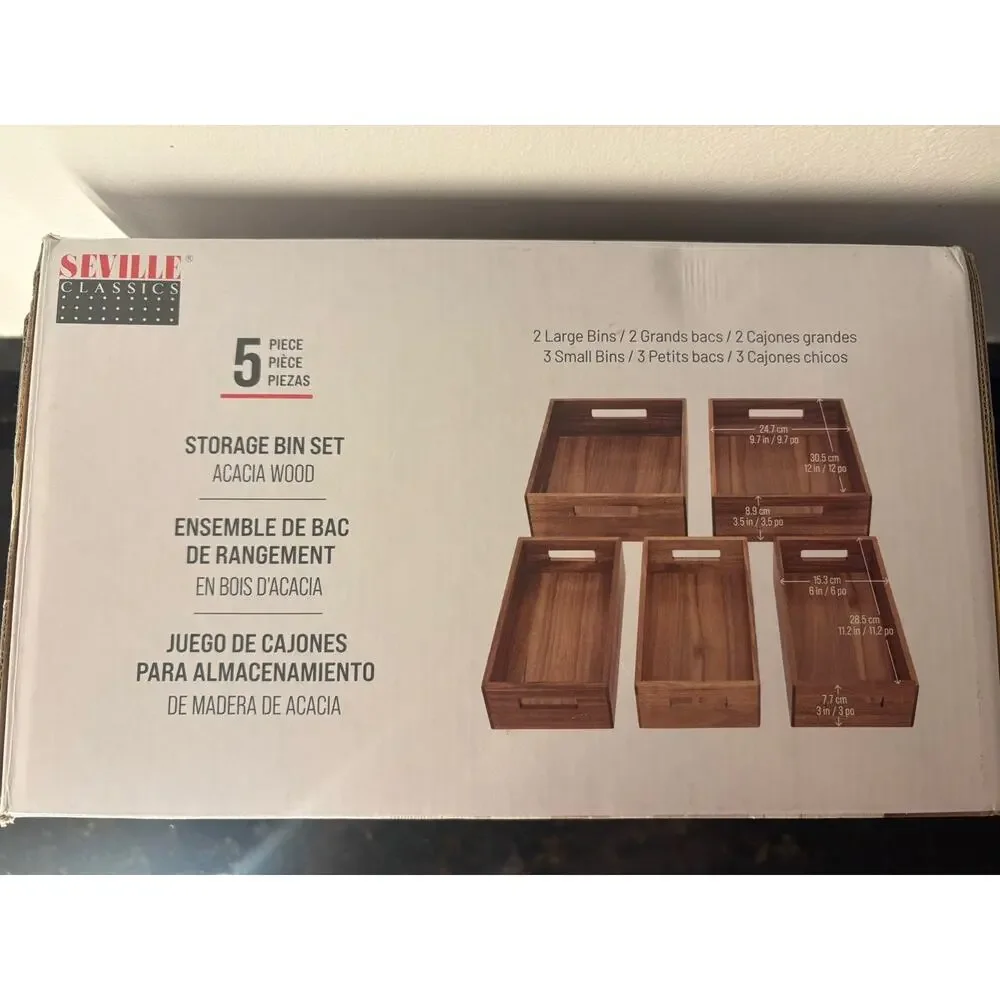 Seville Classics Acacia Wood Storage Bin Set, 5-piece. NEW